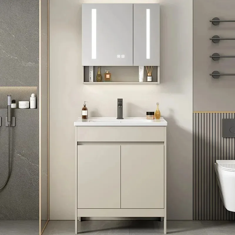 

Modern Bathroom Single Sink Vanity Set with LED Light Smart Mirror Floor Standing Water Resistant Cabinet