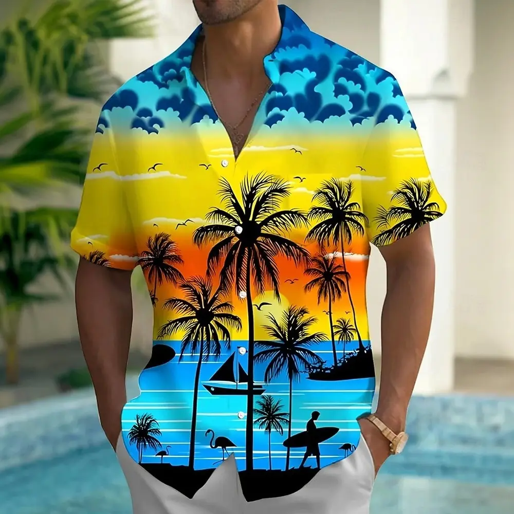 Men's Coconut Tree Landscape Tropical Plants Summer Hawaiian Shirt Button Up Shirt Aloha Shirt Short Sleeve Front One Pocket