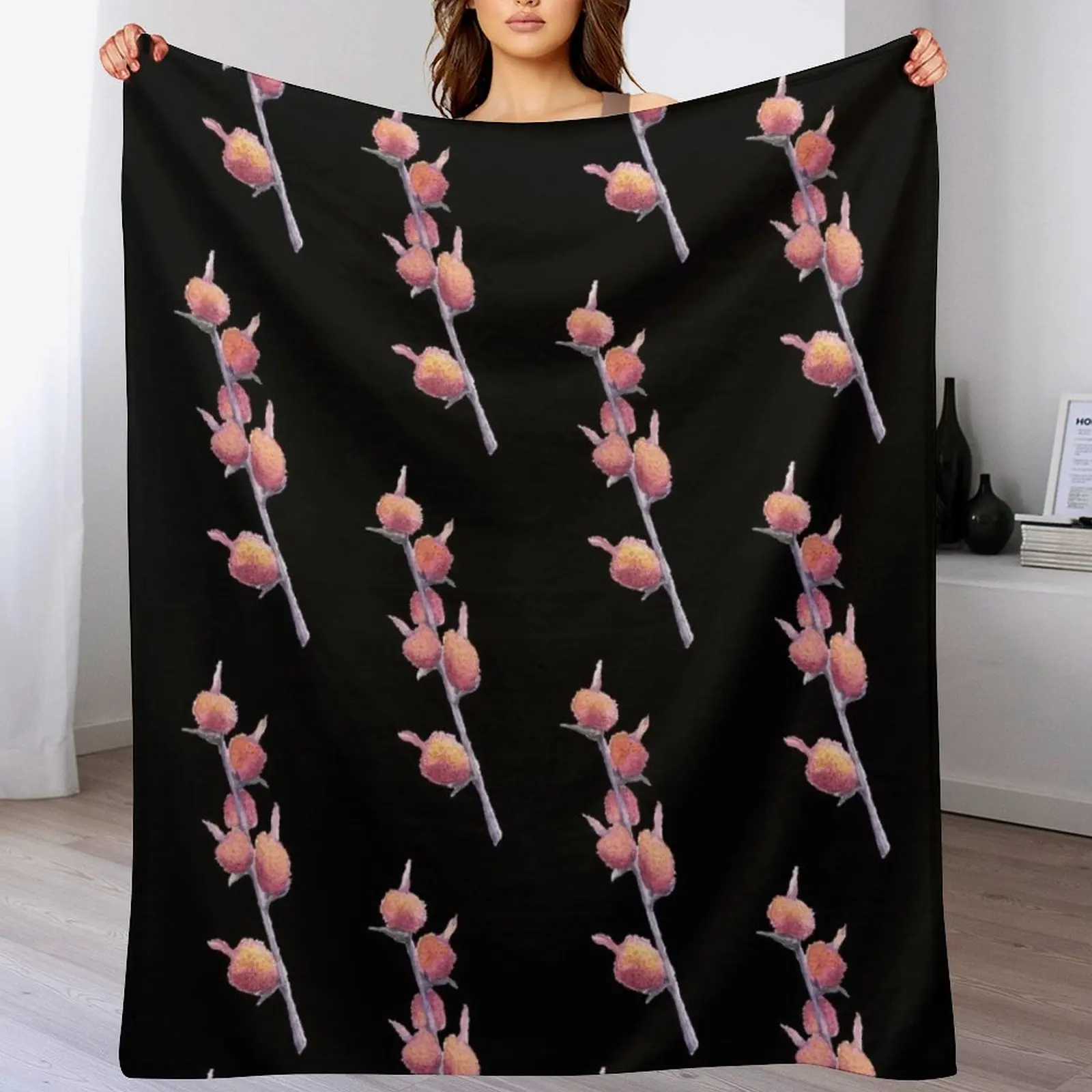 

Canna Lily Seed Pod Watercolor Painting with Black Background Throw Blanket Hairys Vintage Flannel Fabric Blankets