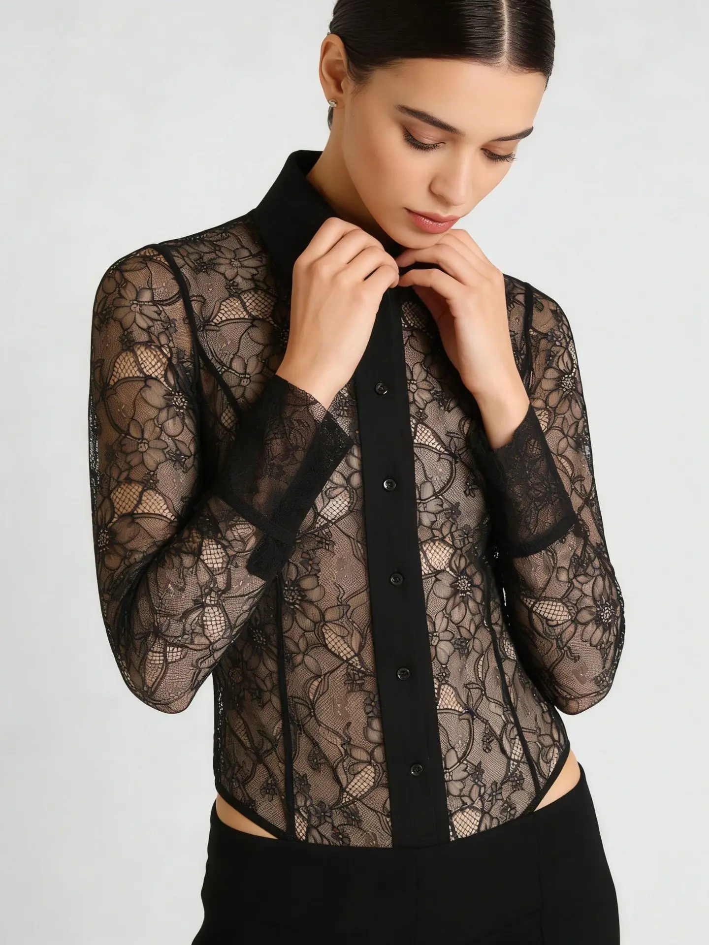 

Весна 2026: Модный кружевной топ с воротником, приталенный, с завышенной талией, облегающий костюм-боди для женщин, стильный, с длинными рукавами, с цветочным принтом