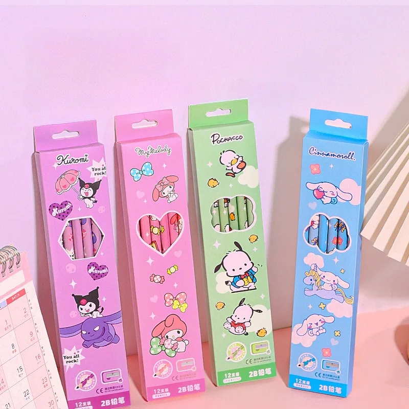 12Pcs Sanrio Boxed Pencils Anime Character Creative My Melody Cinnamoroll Kuromi Elementary School Students Wooden Sketch Pen