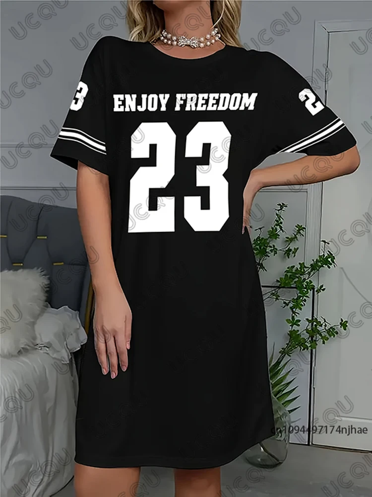 2025 verão novo preto desfrutar liberdade 23 impresso feminino manga curta camiseta vestido hawaii férias casual esportes moda vestido