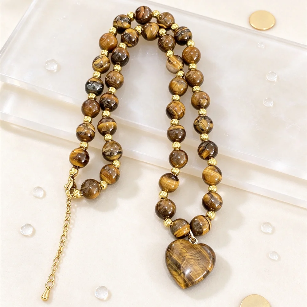 Retro Tiger Eye Puffy Heart Pendant Beaded Necklace, Hypoallergenic Unisex Fall Fine Jewelry, Unique Anniversary Valentines Gift