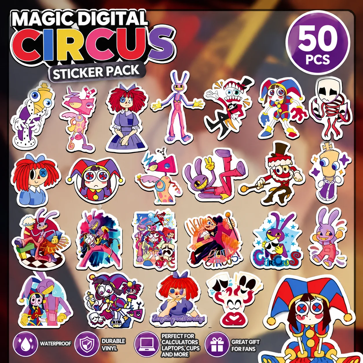 50 Stück Cartoon Magic Digital Circus Aufkleber, wasserdicht, DIY-Aufkleber für Tagebuch, Scrapbook, Wasserflasche, Laptop-Dekoration – Detail 1