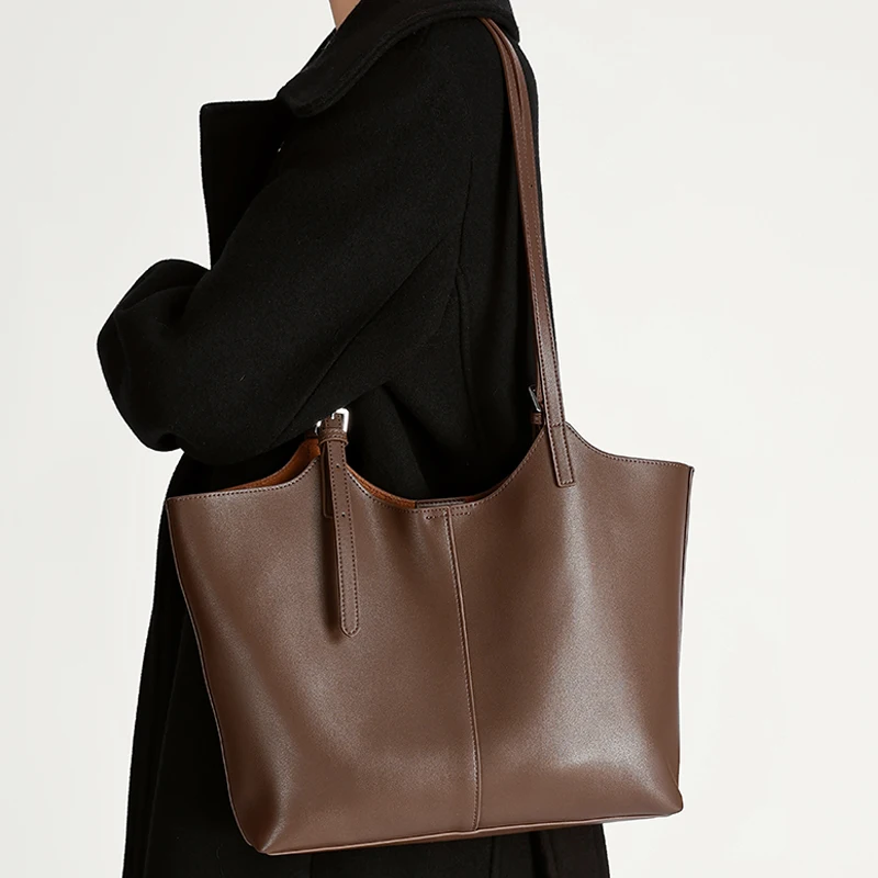 Fashion Women Solid Color Genuine Leather Tote Bag Large Capacity Handbag Casual Trendy Versatile All-match Commuting Bag