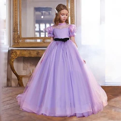 Elegant Flower Girl Party Dresses Short Sleeve Bow Bridemaid Birthday Princess Kids Dress For Girl Wedding Prom Evening Customes