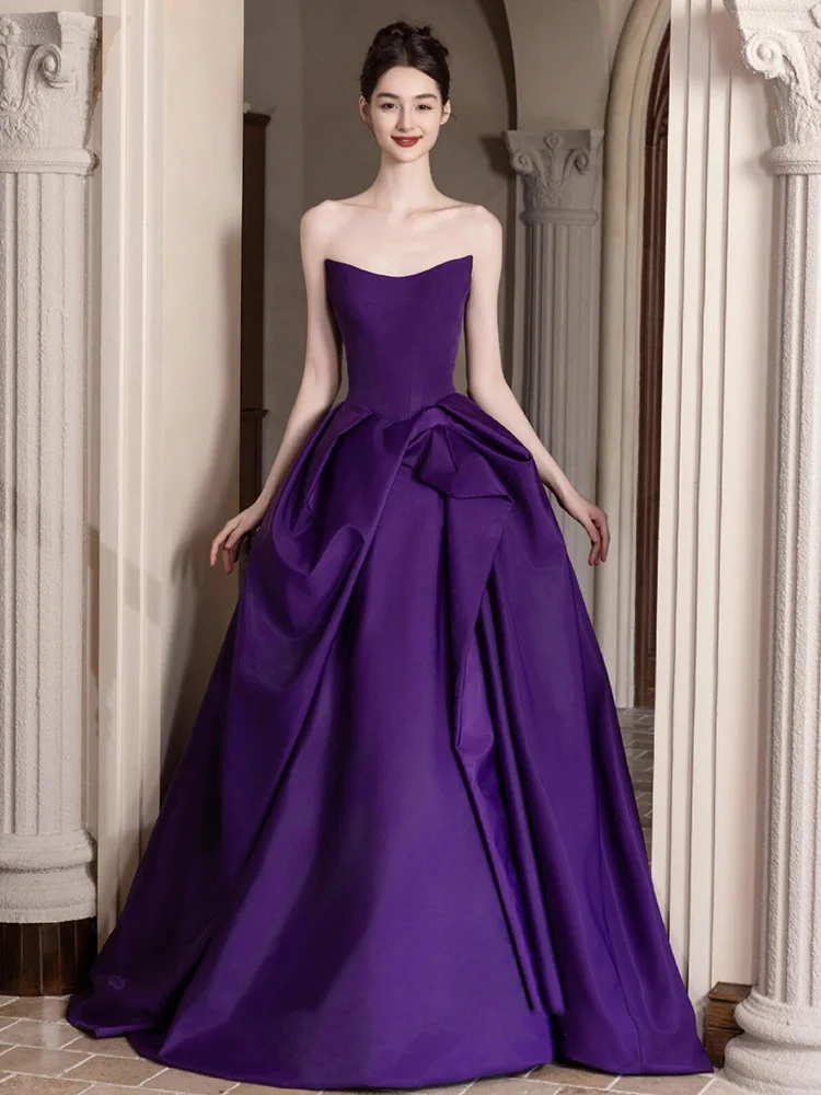 

Фиолетовое вечернее платье из высококачественного атласа для женщин: для ведущих, свадеб, церемоний, выступлений, торжеств и коктейльных вечеринок