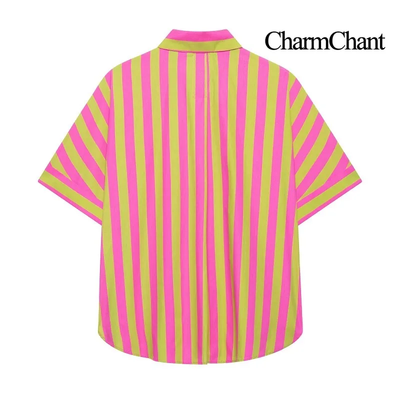 CHARMCHANT Women's Color Block Vertical Striped Button Down Short Sleeve Shirt Collared Loose Vacation Beach Blouse Summer 2026