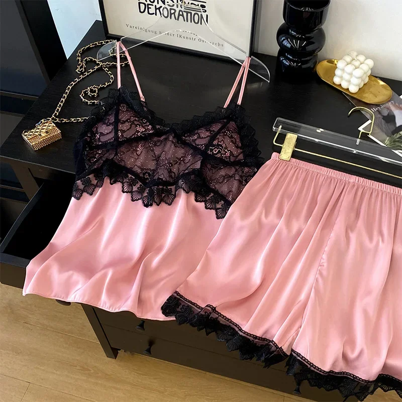 

Мини-пижама Mujer, атласная ночная рубашка, женская одежда для сна, новое летнее нижнее белье, костюм из 2 предметов, пижамы Femme, кружевная лоскутная сексуальная домашняя одежда