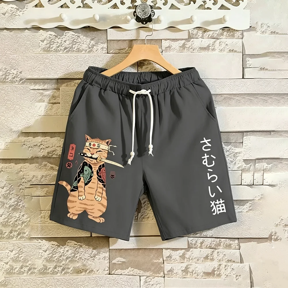 3D Anime Japanese Samurai Cat Beach Swimming Quick Dry Drawstring Pocket Shorts Hip Hop Summer Trunks for Women And Men