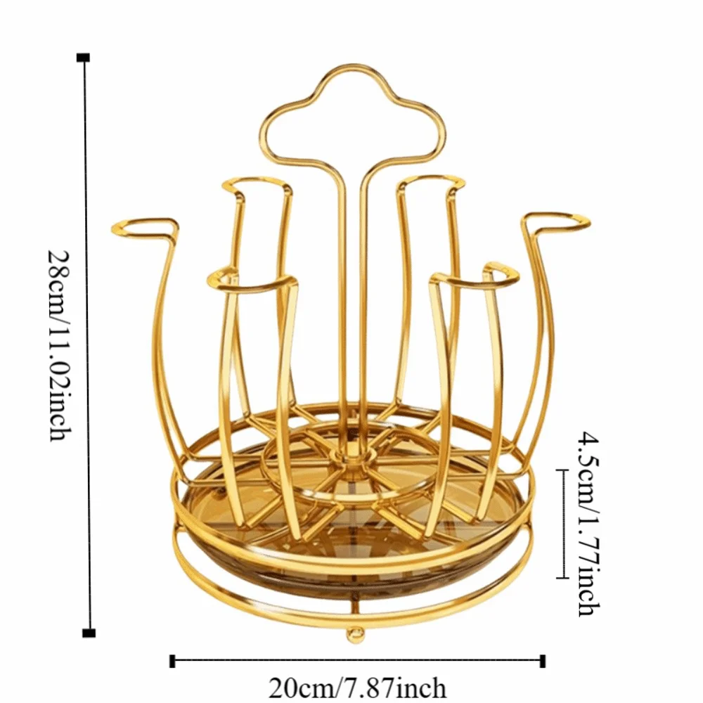 Gold Cup Holder with Water Drain Tray 360° Rotation Space Saving Mug&Cup Organizer Large Capacity Display Glass Cup Storage Rack