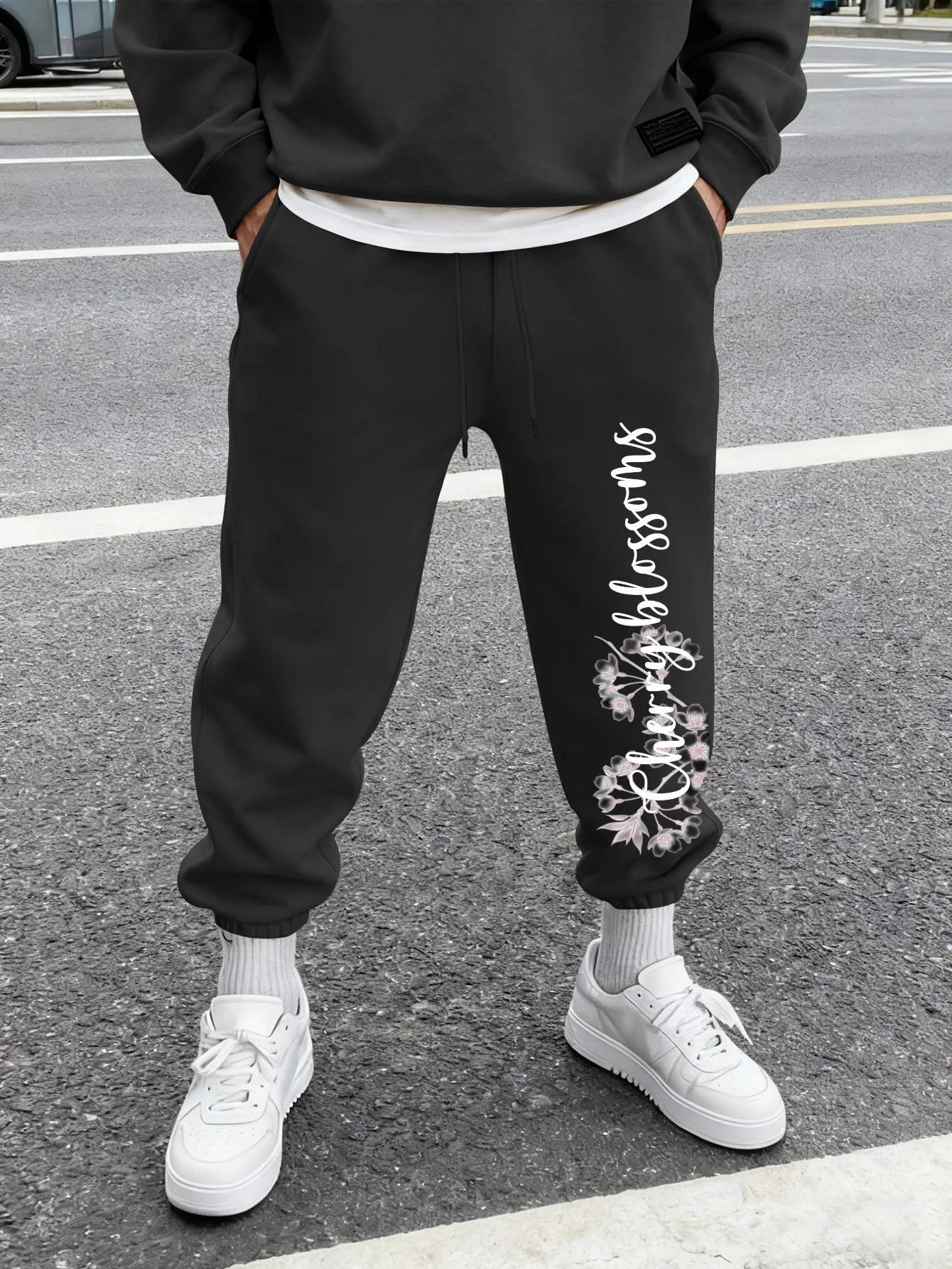 Men Jogger Sweatpants Cherry Blossom Cursive Letter Side Print Drawstring Elastic Cuff Streetwear Sports Trousers