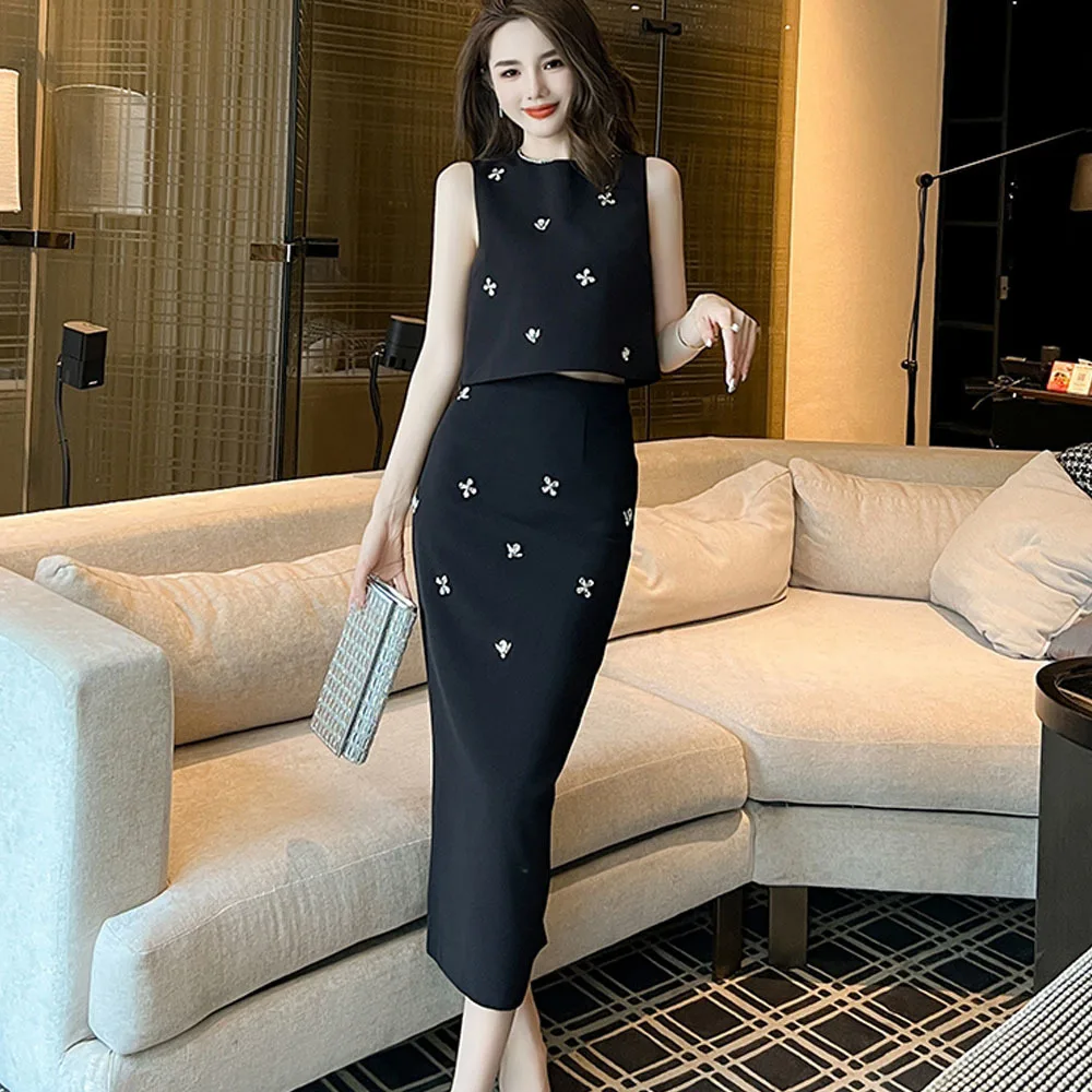 Elegant Skirt 2 Piece Outfits Women Simple Black Diamond Flowers Vest Tank Short Crop Tops+Long / Short Skirt Sets Party Clothes