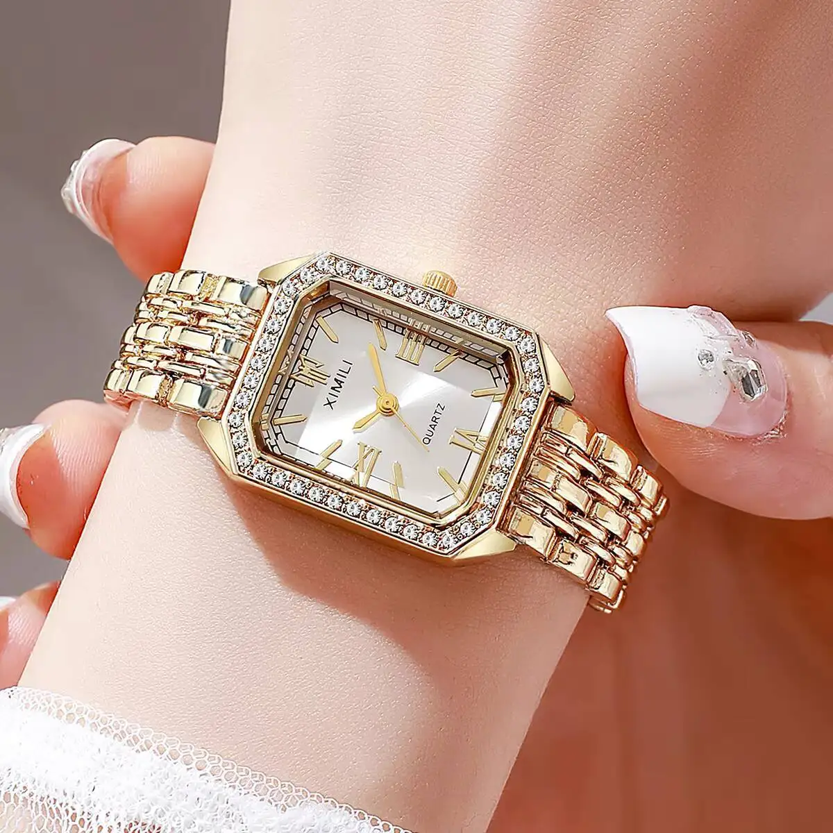 2/3/5 pçs moda retângulo relógios femininos conjunto senhoras strass relógio de quartzo pulseira relógio de pulso (sem caixa)