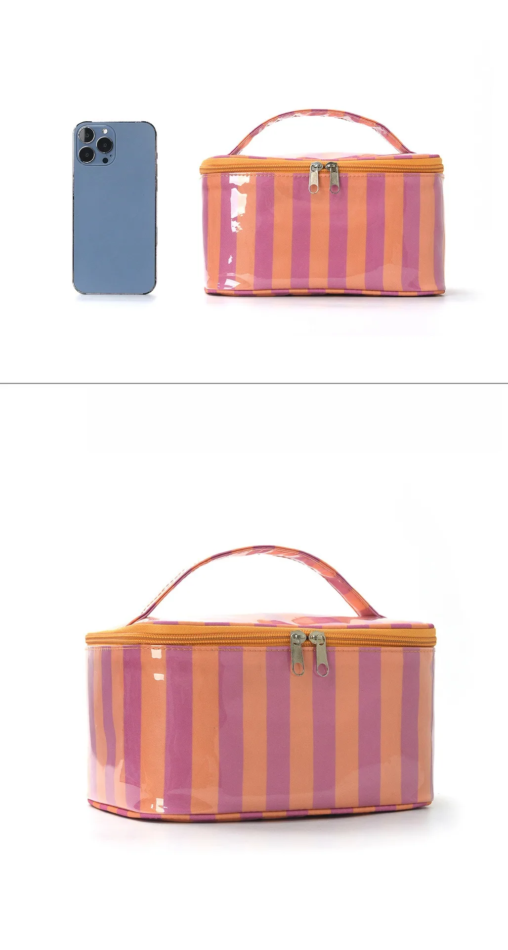 Glänzende, gestreifte PVC-Handtasche für Make-up, wasserdichte Kosmetiktasche mit großem Fassungsvermögen, Reise-Aufbewahrungstasche für Hautpflegeprodukte, mehrfarbige Kosmetiktasche – Detail 4