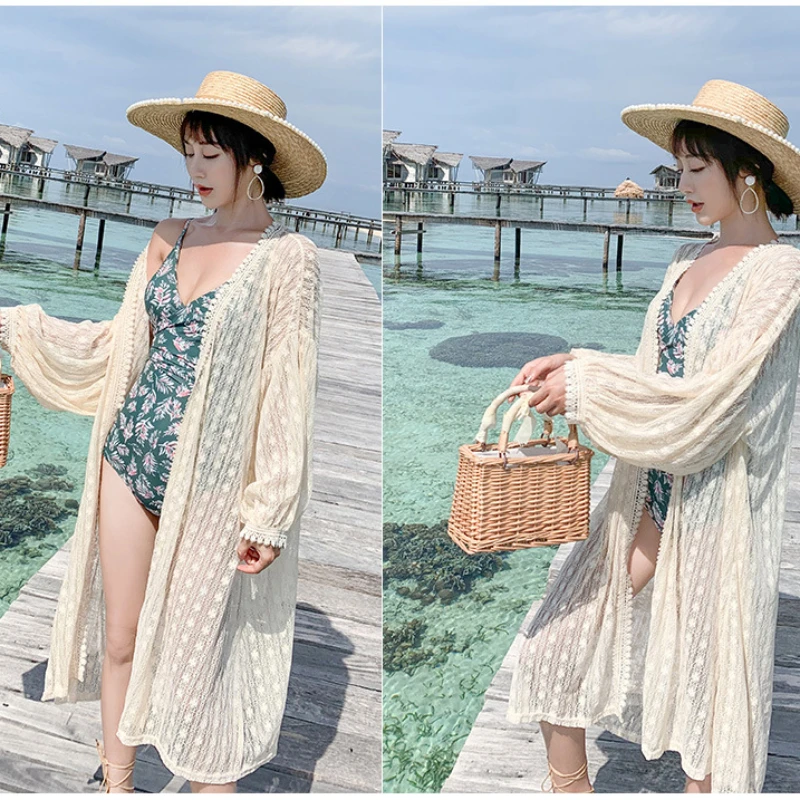 Beach Blouse Women Bikini Long Cover-Ups Lace Crochet Hollow Out Cover Up Swimsuit Bathing Outer Seaside Vacation Spa Cardigan