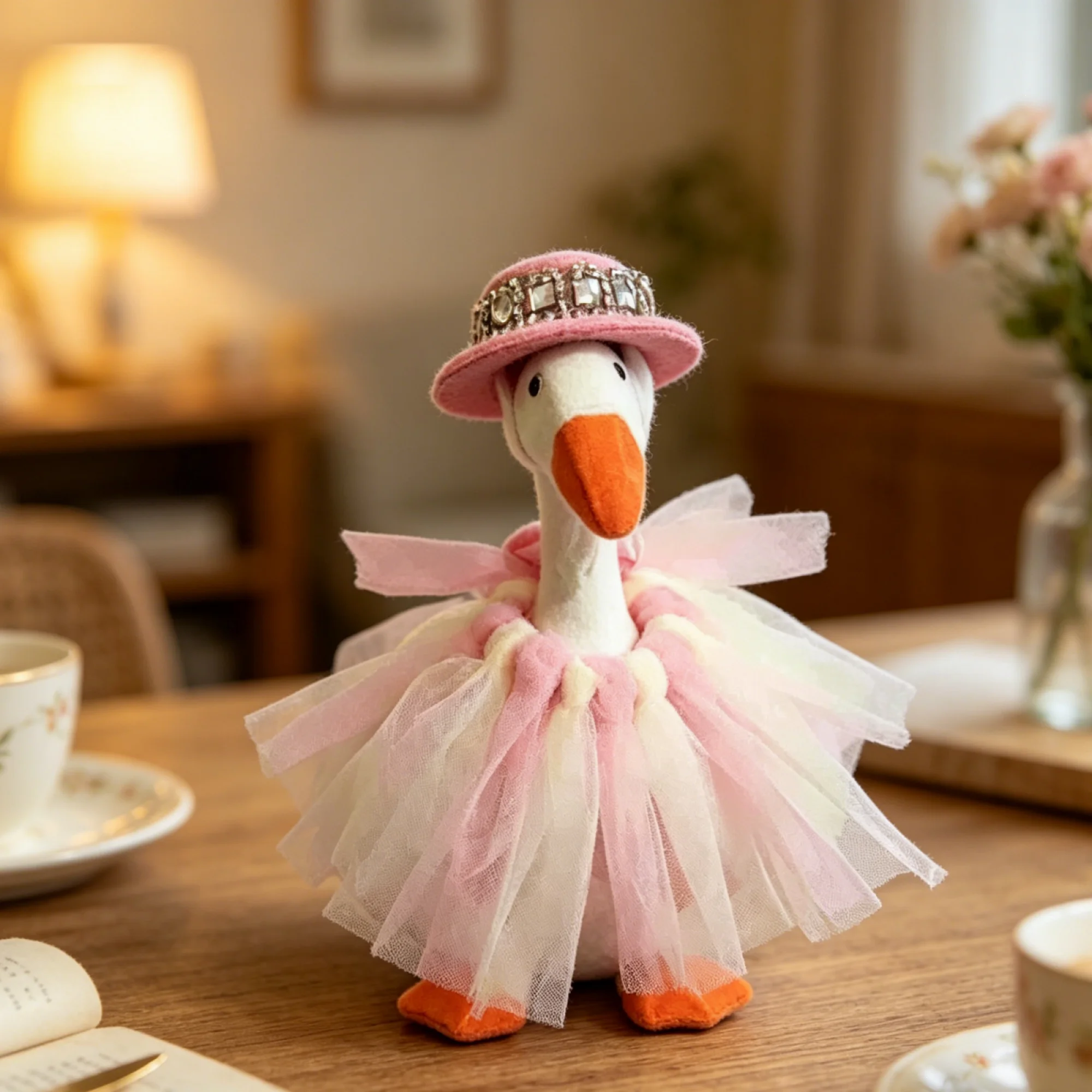 7 Inch Mini Desk Goose Outfits Pink Tulle Princess Dress and Hat Costume for Duck Statue Decor