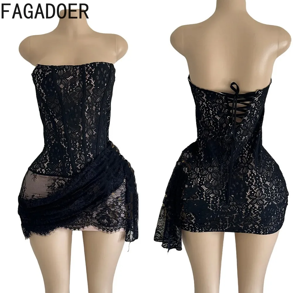 FAGADOER Vintage Elegant Lace Dress Mesh See Through Bandage Dresses Hot Girl for Party Club Birthday Vestidos +Lace Gloves