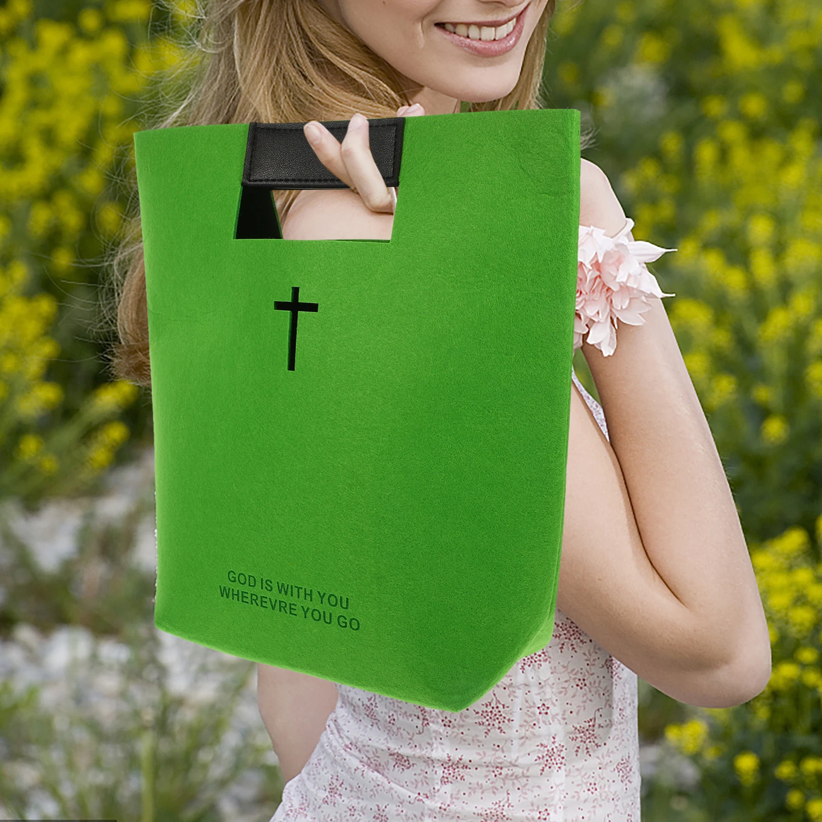 

Felt Bible Storage Tote Bag Purple Large Capacity Cross Design PU Handle Suitable Religious Gift Bible