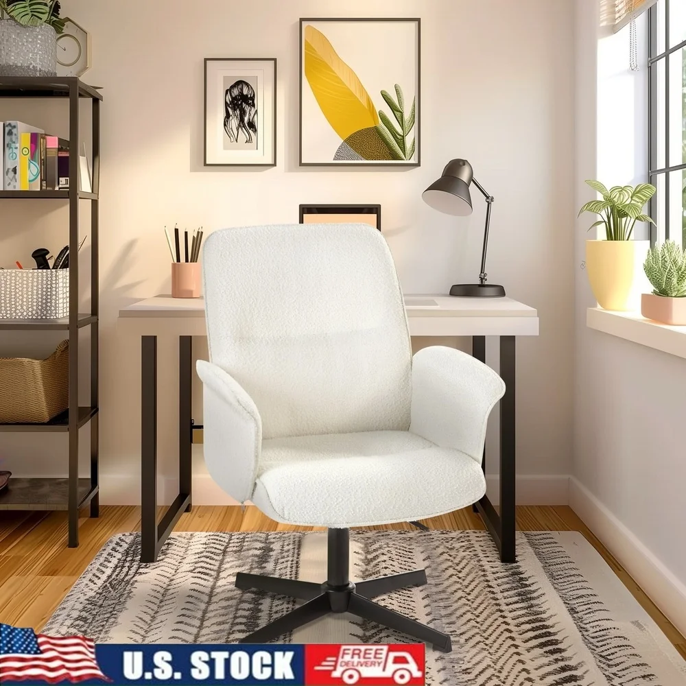 

Adjustable Swivel Office Chair Padded Bouclé Fabric Seat Chic Design Comfortable Armrests Non-Rolling Base