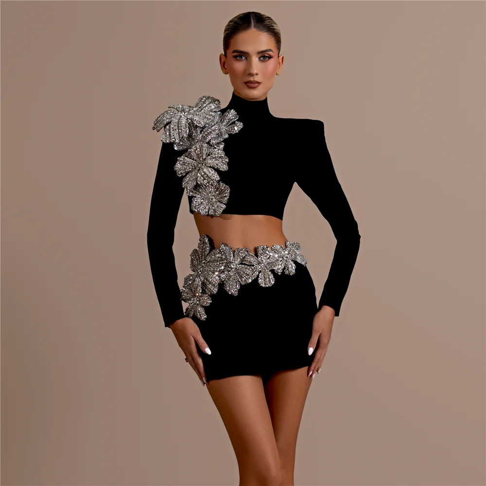 2024 New Autumn Women Bandage Sets Sexy Beading Long Sleeve Tops Mini Skirt Club Party Outwear Two Pieces Sets