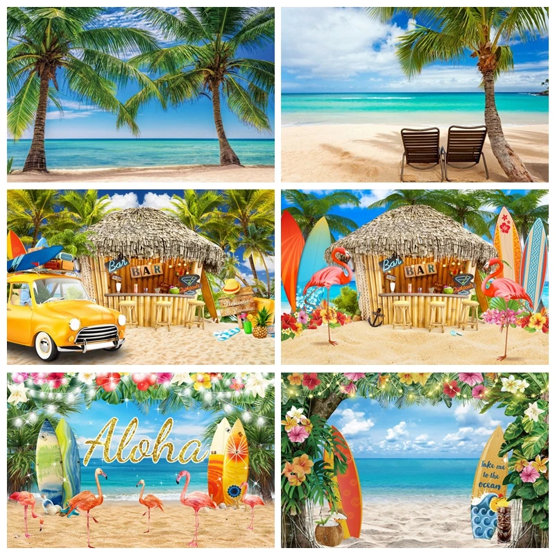 

Summer Tropical Beach Backdrop Hawaiian Luau Aloha Party Seaside Camping Surfboard Ocean Palm Flamingo Photography Background