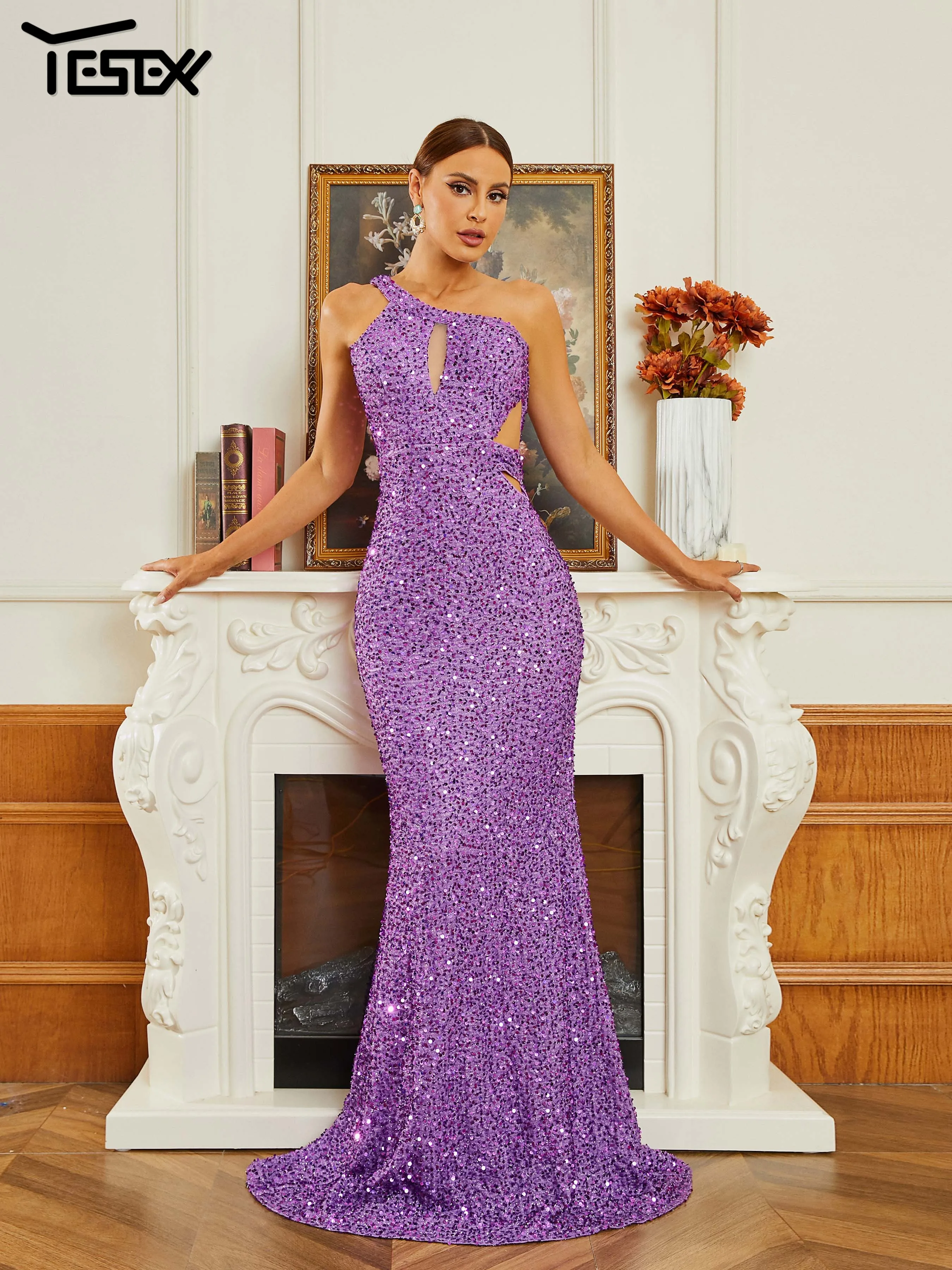 Yesexy New Purple Asymmetric Wedding Birthday Party Prom Dress Sequin Mermaid Evening Floor Length Dress