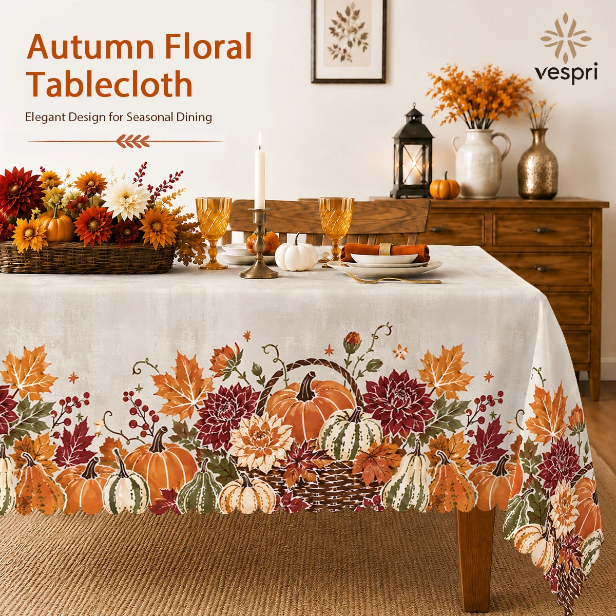Rustic Tablecloth with Pumpkins & Garden Carts for Indoor/Outdoor Camping decor, Rectangular/Round/Oval