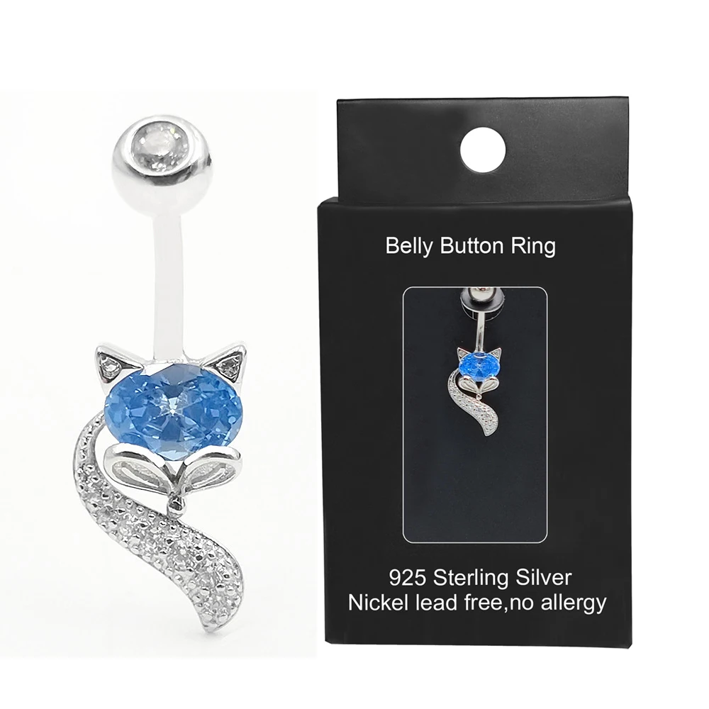 Blue Cubic Zircon Fox ShapeBelly Button Ring 14G 925 Sterling silver Dangle Belly Rings Belly Piercing  Navel Barbell Jewelry