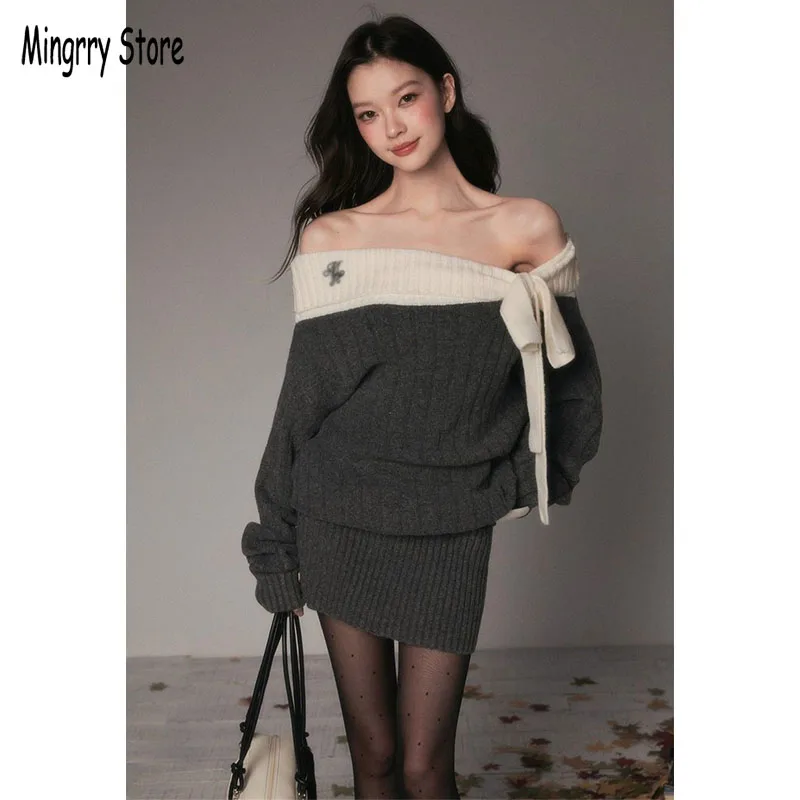 

Grey Sexy Off Shoulder Knitted Sweater Dresses Women Elegant Solid Long Sleeved Hip Bodycon Autumn Winter New Knitted Mini Dress