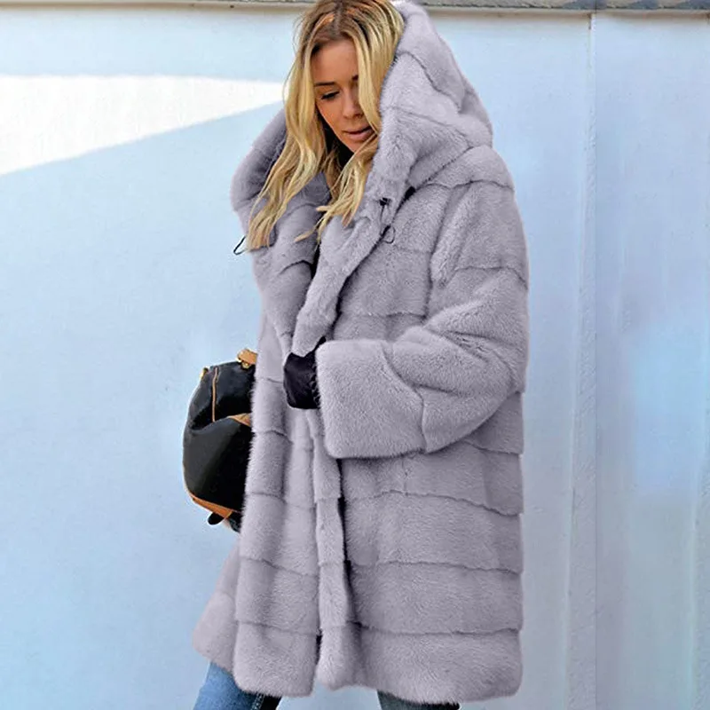 Women's Hooded Faux Fur Coat Thick Warm Fluffy Long Sleeve Overcoat Winter Outerwear Oversized Jacket