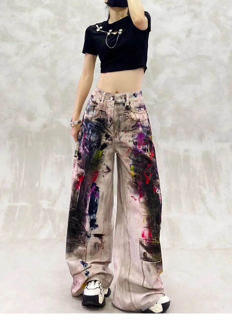 Y2k Jeans Ladies Cool Painted Graffiti With High Waist and Loose Fit Torn Jeans for Woman Women's Denim Pants Coquette Jean Pant