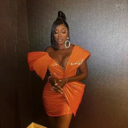 Trendy Orange Short Dresses Women Party Dress Trimmed Shoulder Covered Sexy Mini Dress Special Fabric Prom Gowns Customized
