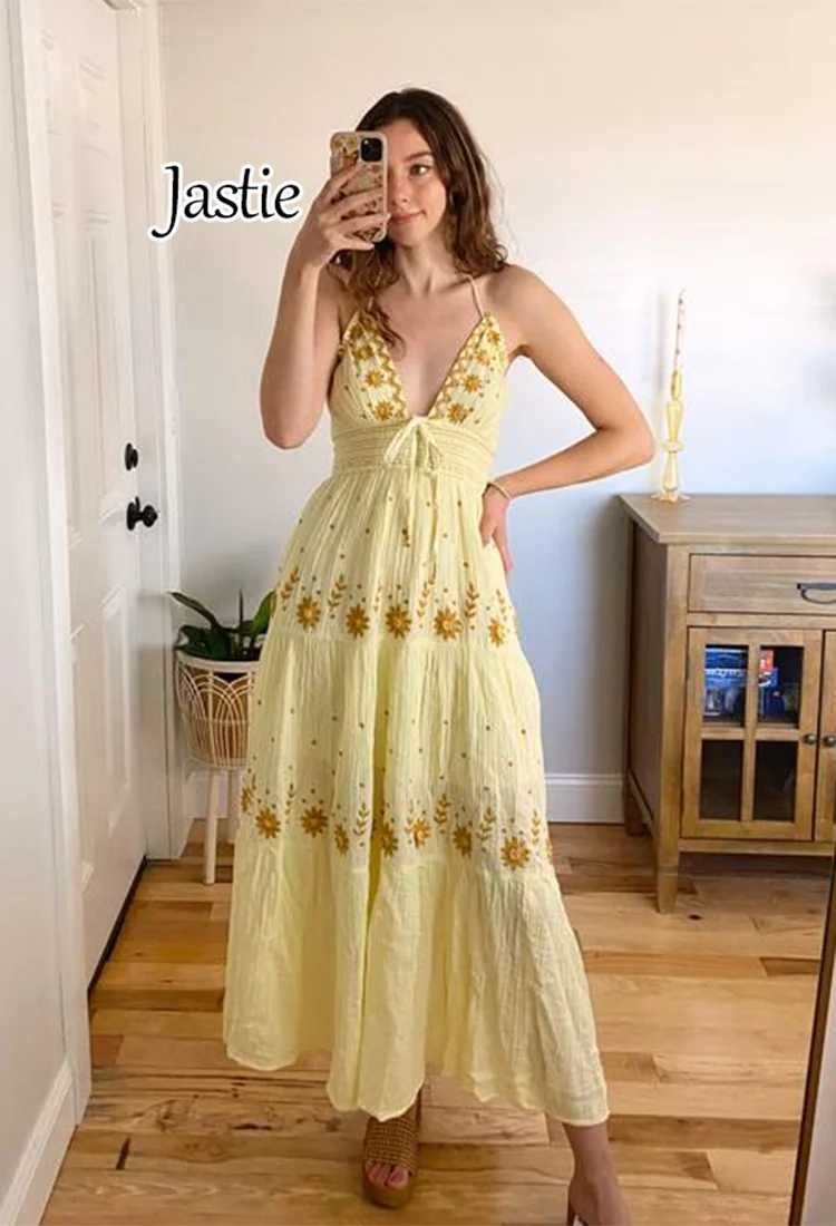 Jastie Floral Embroidered Maxi Dress Dress Sexy V-neck Sleeveless Summer Dresses Smocking Waist Casual Beach Boho Holiday Dress