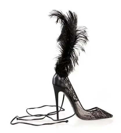 New Women Black Lace Floral Cross Tied Feather Fur Shallow Thin Heels Pumps Women Pointed Toe Banquet Dress Shoes Size 44