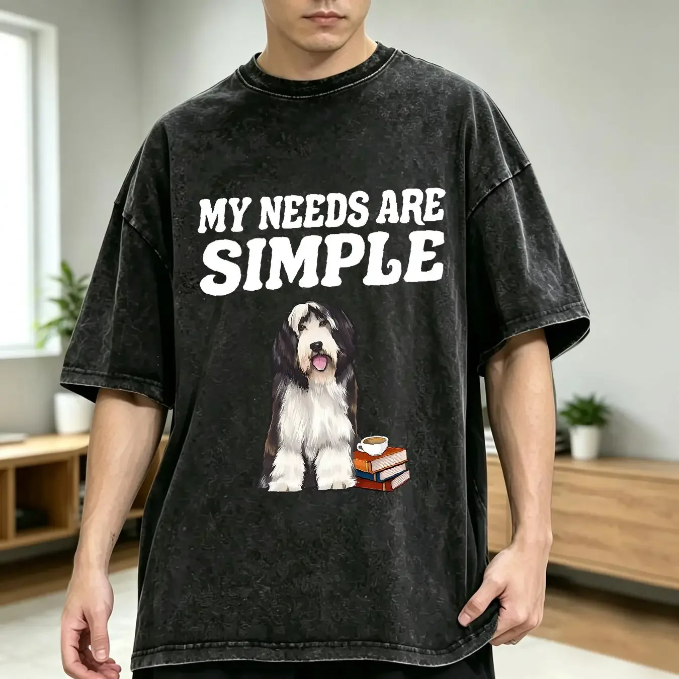 washed T Shirt Bearded Collie My Needs Are Simple Dog Coffee Reading Book long or short sleeves vintage Washed Stretched