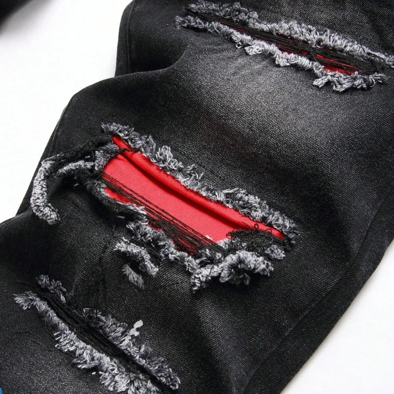 2025 خريف جديد جينز سترتش عصري ممزق المرقعة سليم السراويل الأوروبية الأمريكية الذكور الطلاء نقطة الهيب هوب سراويل جينز