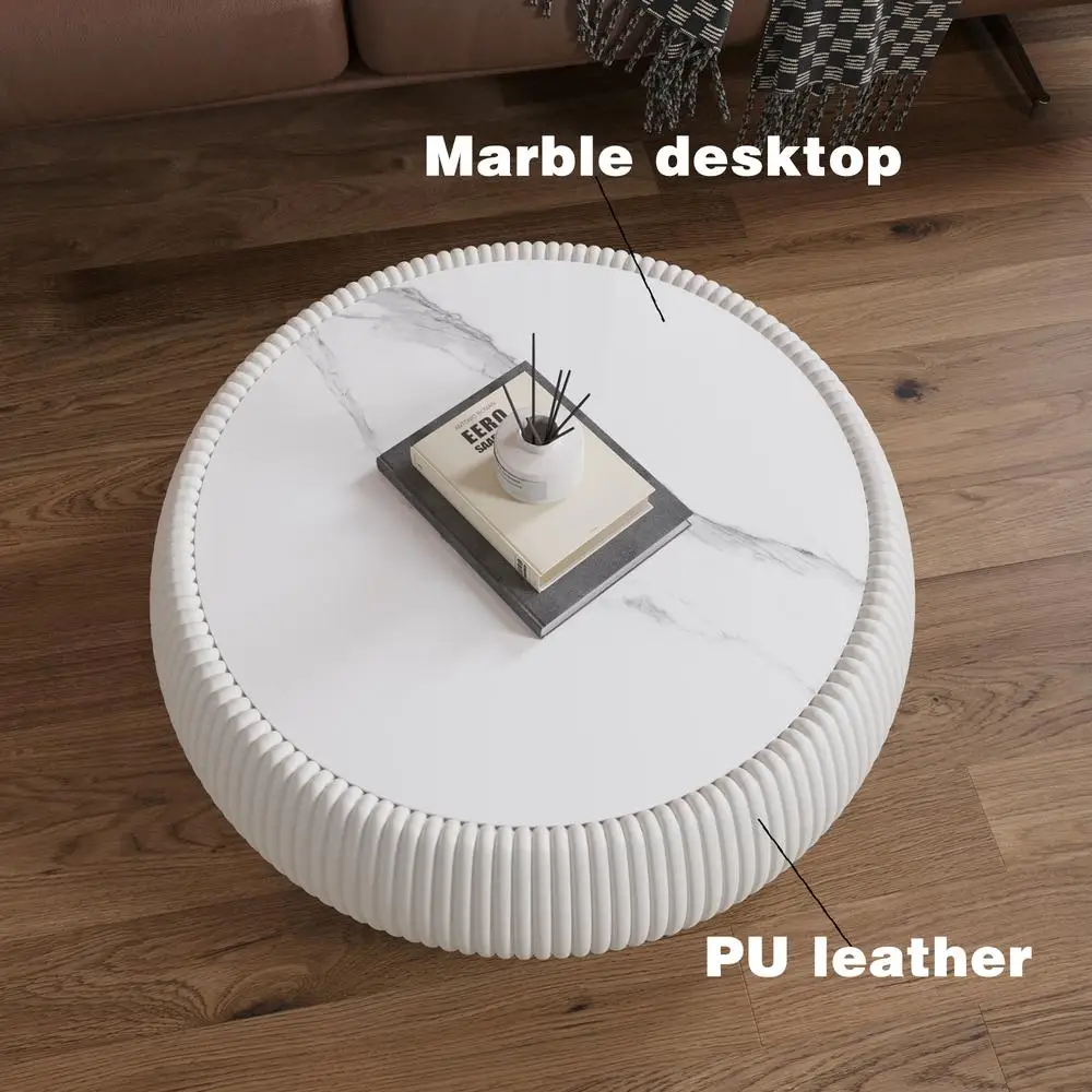 Table basse en cuir en forme de tambour, dessus en marbre clair, Table d'appoint de canapé moderne, aucun assemblage requis