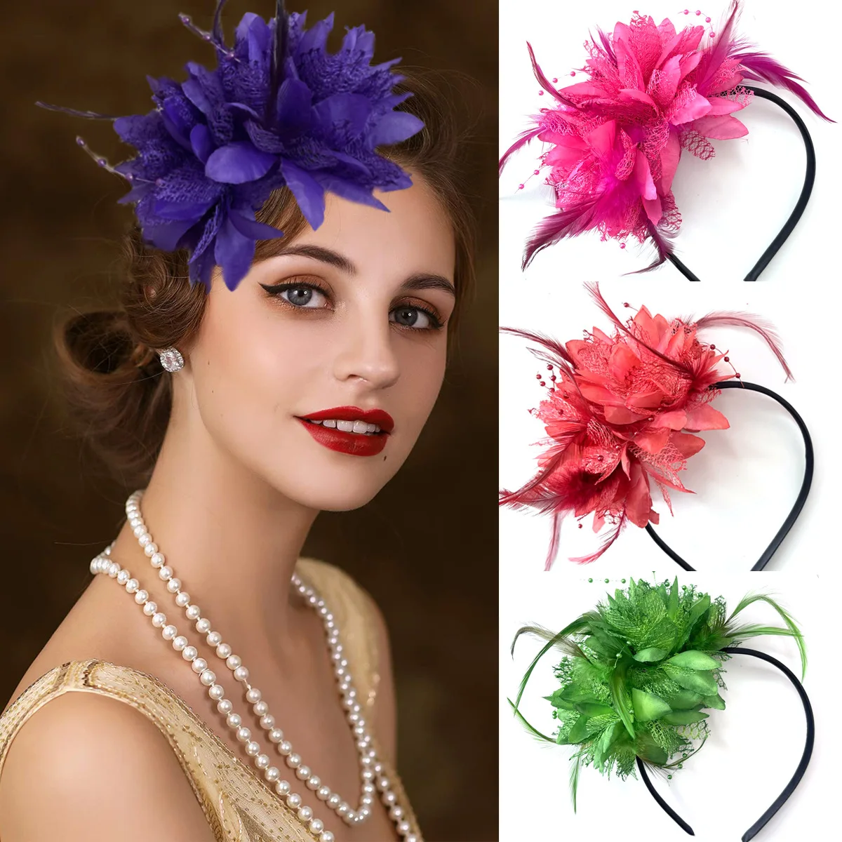 Vrouwen Tovenaar Hoed Hoofdband Bloem Veer Mesh Garen Cocktail Party Bruiloft Haaraccessoires Hoofddecoratie