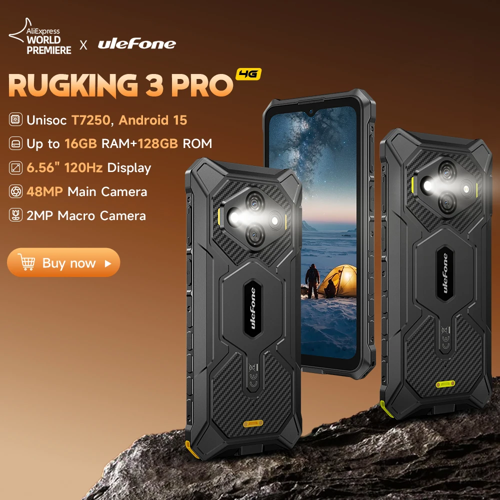 【Estreia Mundial】Ulefone RugKing 3 Pro: Telemóvel robusto de 6,56" com taxa de atualização de 120Hz, bateria de 5700mAh, Android 15, até 16GB de RAM e 128GB de ROM, NFC e 4G global.