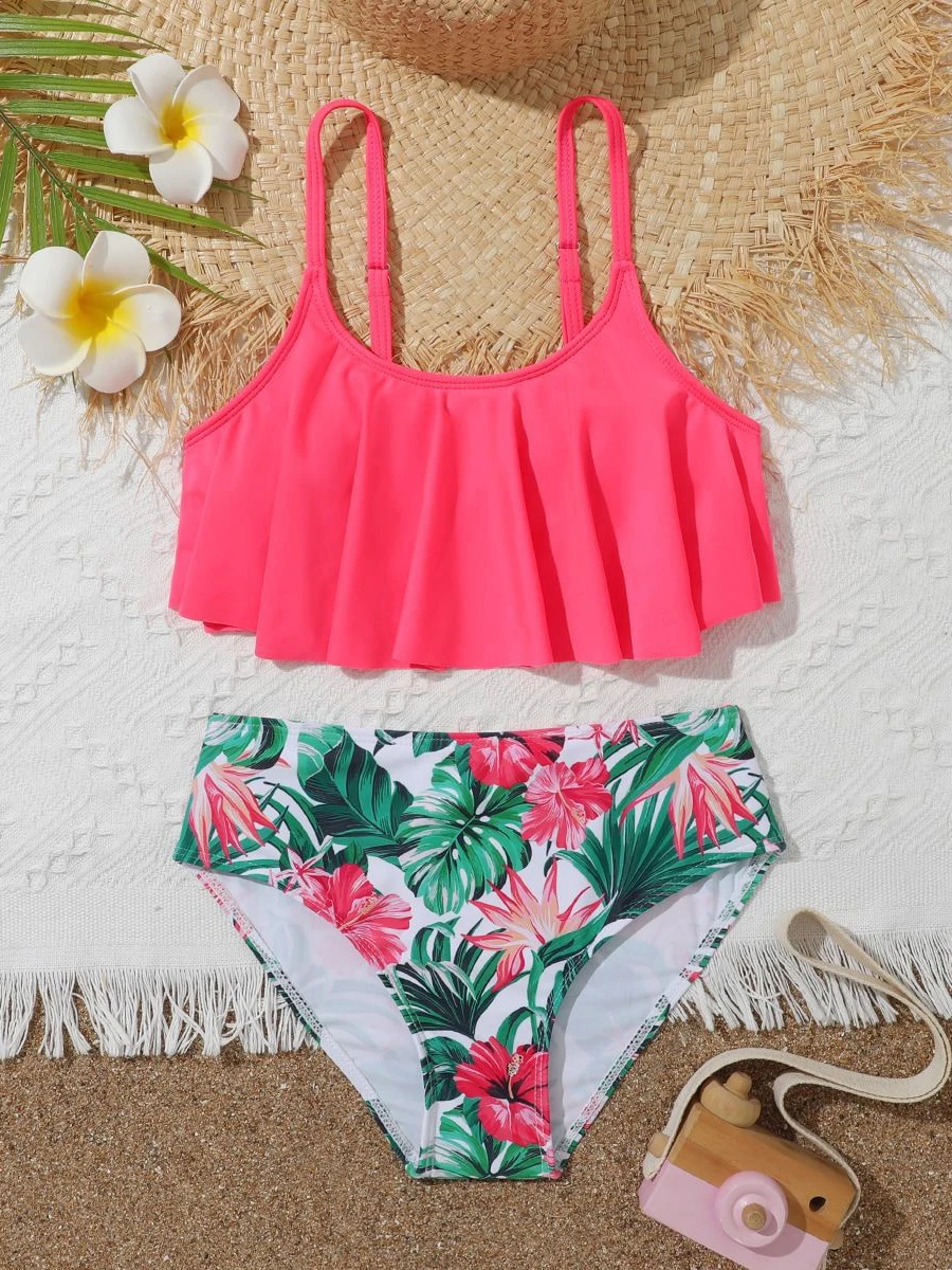 

Купальники с рюшами и цветочным принтом 2026 для девочек, детские купальники с высокой талией, пляжная одежда для девочек, купальные костюмы для плавания