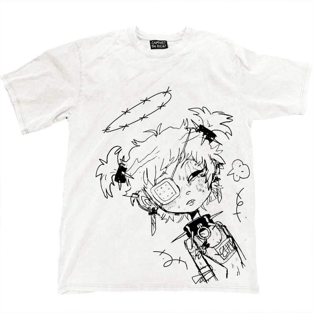 

2025 Full Time Warm Anime 2D ACGN Line Art Punk Short Sleeve T-Shirt Millennial Subculture OOTD Graphic T Shirt Tops Tees