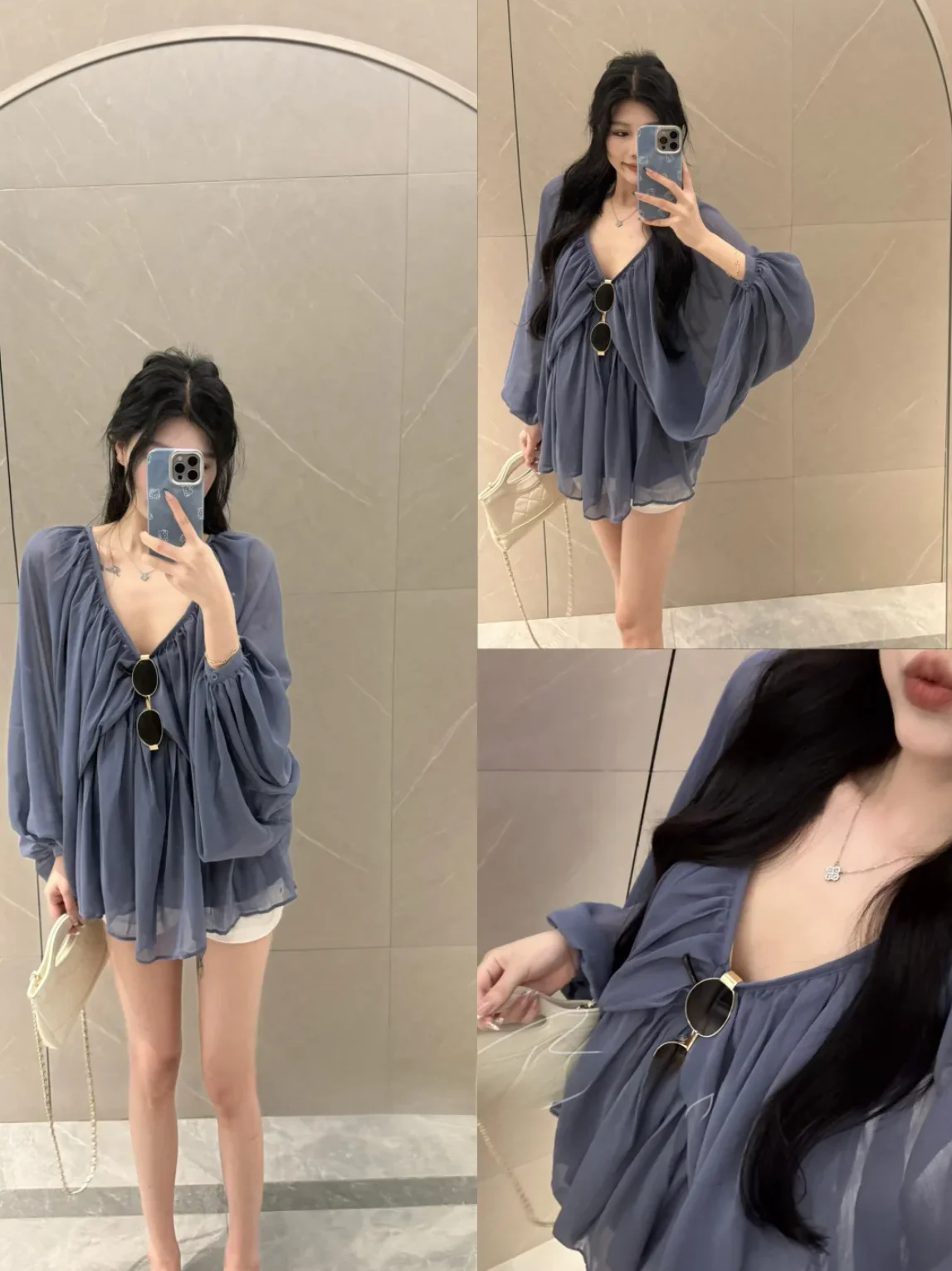 

Ladies' Loose Fit V-Neck Lantern Sleeve Chiffon Shirt Blue Casual Style Overhead Design Slimming Top Korean Commute Style