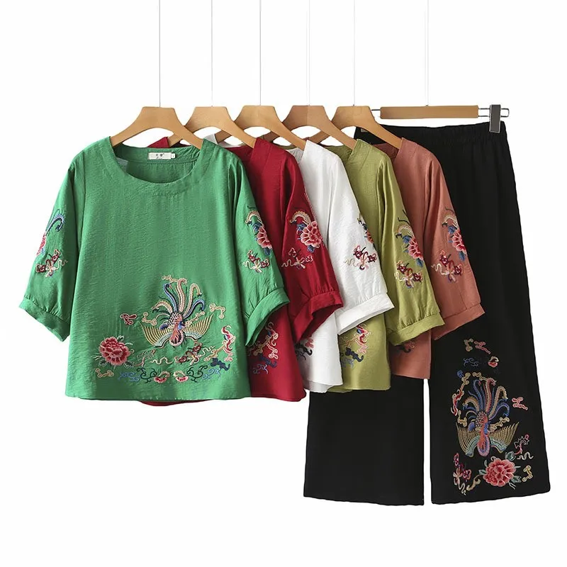 

Женский комплект футболок больших размеров с цветочной вышивкой 3/4 све, удобный хлопковый летний наряд, большие размеры для мамы в национальном стиле