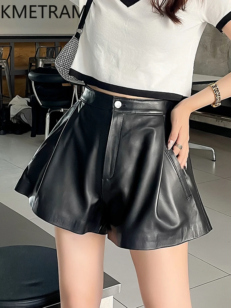 Fashion Genuine Leather Shorts for Women 2024 New Shorts Female High Waist Trousers Natural Sheepskin Shorts Pantalones Cortos