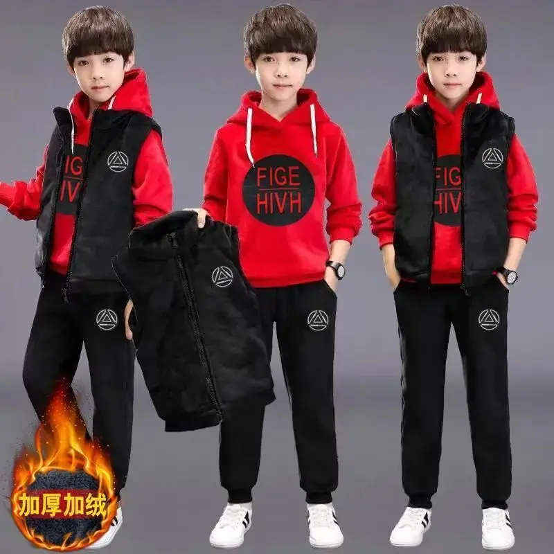 Boys' Winter Golden Velvet Set Children's Three Piece Set New Autumn and Winter Thickened  Velvet Casual Mid To Large Kid Sets