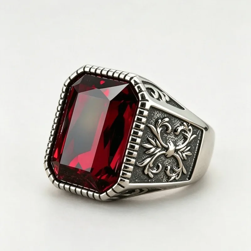 Jianjie Personality Red Square Zirconia Rings Mens Side Vintage Carved Pattern Domineering Classic Fashion Jewelry Accessories
