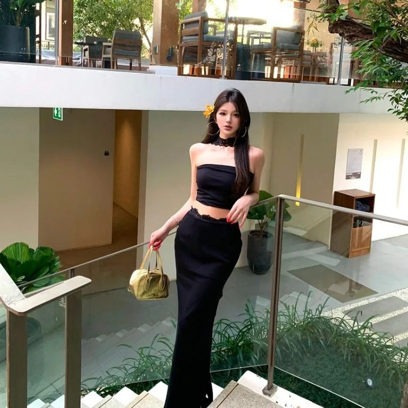 

Spice Girl Suit Women's Summer Lace Patchwork Halter Neck Vest Top Wrap Hip Long Skirt Two-piece Set Fashion Female Clothes