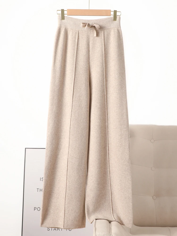 

High Quality Women Thick 100% Merino Wool Knitted Wide-Leg Pants Autumn Winter Soft Warm Comfortable Basic Style Lace-up Bottoms