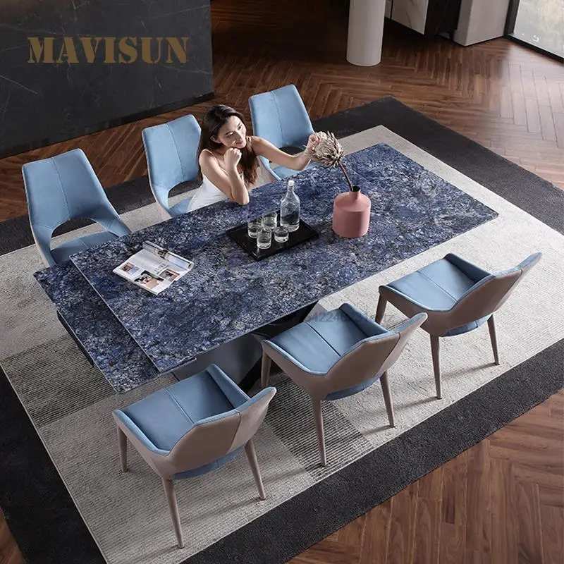 Blue Slate Folding Dining Table Luxury Stone High-end Bright Surface Stretchable Kitchen Table Retractable Restaurant Furniture